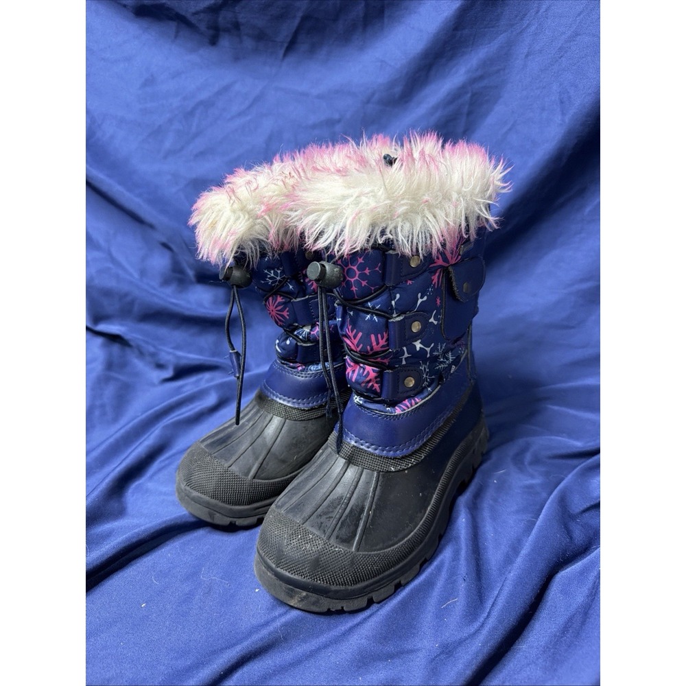 Dream Pairs Girls Snow Boots 1 Blue Print Mid Calf Faux Fur Buckle Winter Shoes
